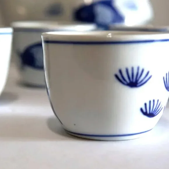 Blue and White Porcelain Carp/Koi Teapot Set with Cups and Serving Plate